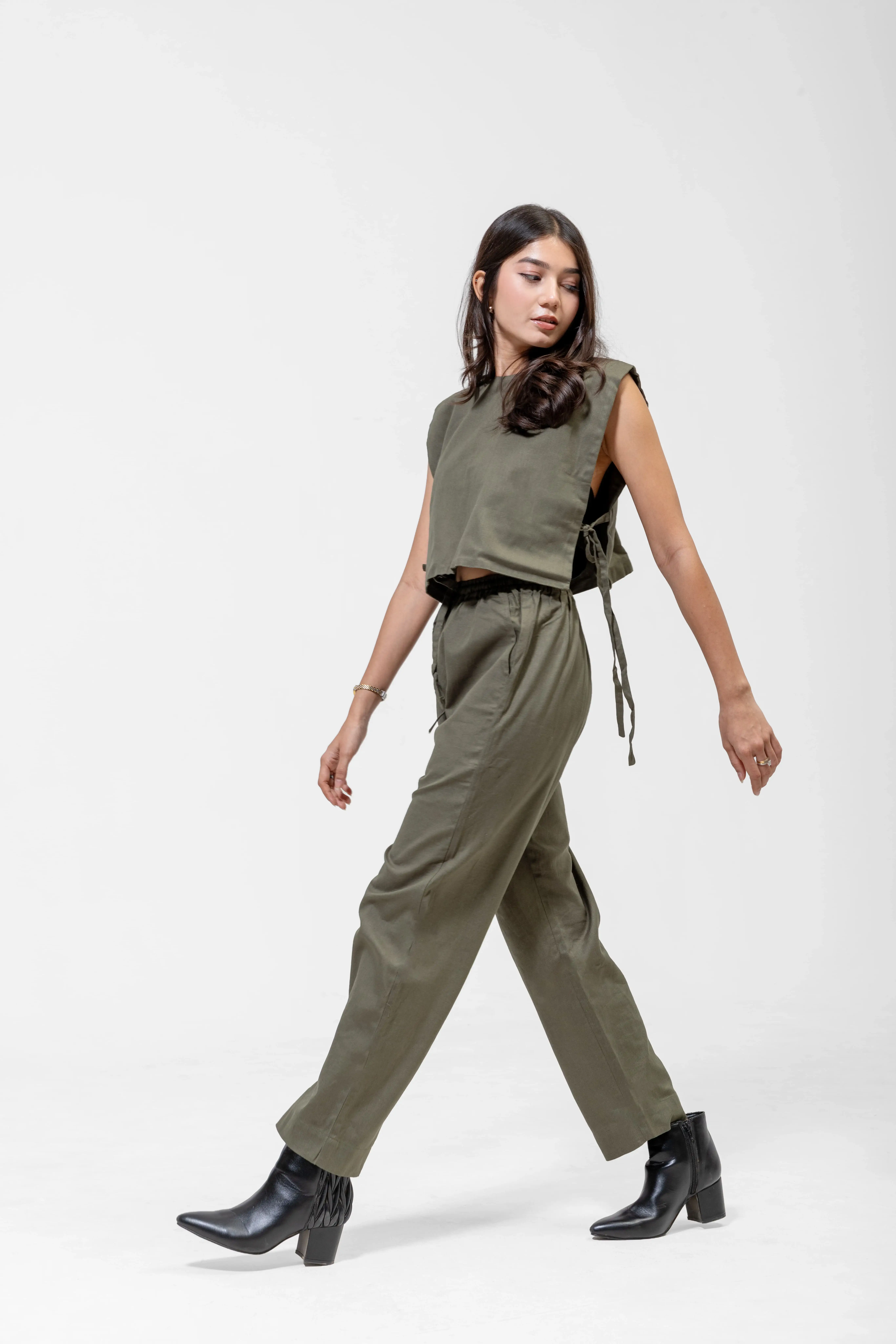 QISSEY OLIVE GREEN CO-ORD SET — view 3 — A STRUCTURAL BOXY CROP TOP WITH SIDE-TIE DETAILING PAIRED WITH MATCHING HIGH-WAISTED RELAXED TROUSER
