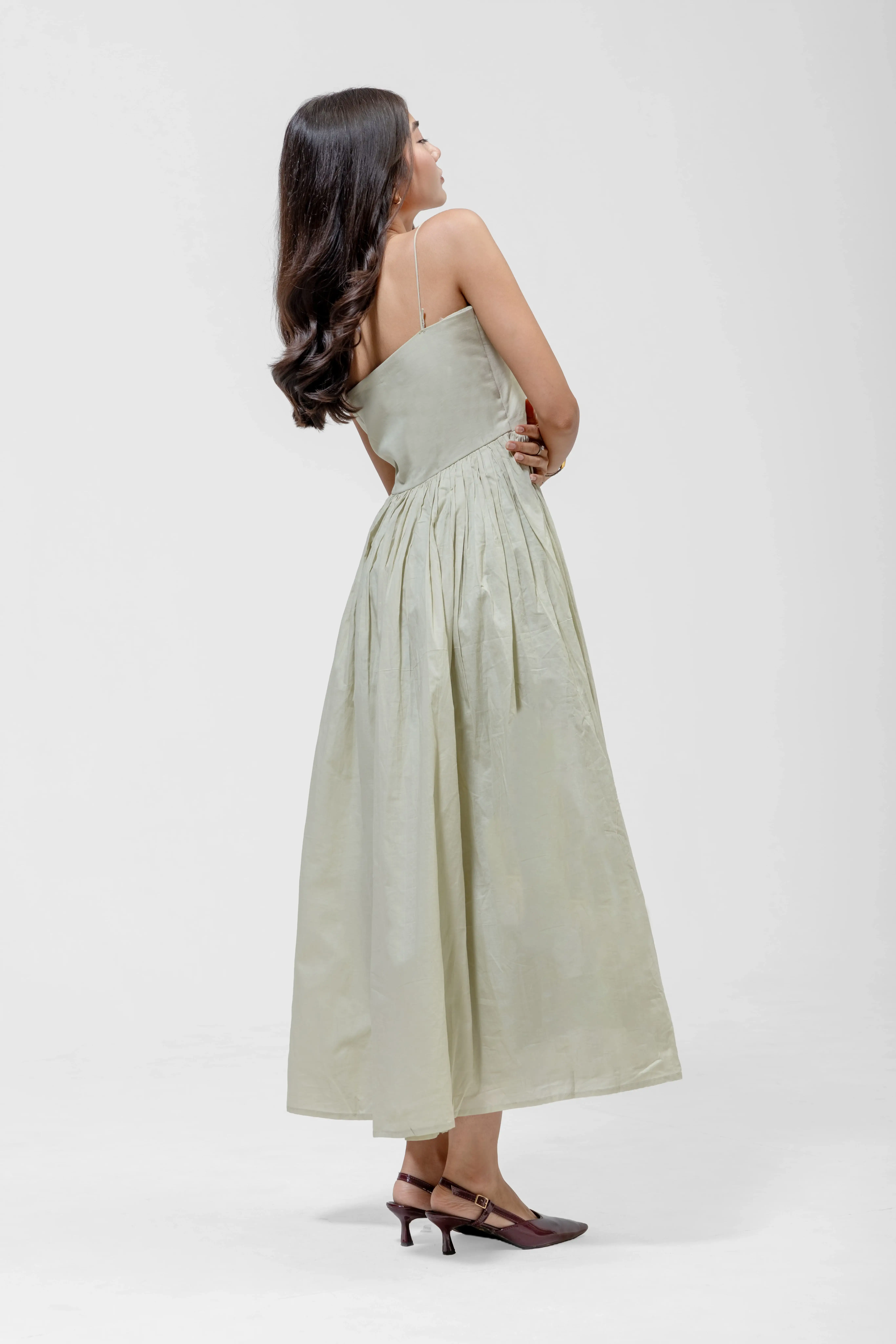 QISSEY PLEATED MAXI GOWN — view 3 — LONG CAMISOLE DRESS WITH A DEEP GATHERED WAIST AND THIN SPAGHETTI STRAPS.