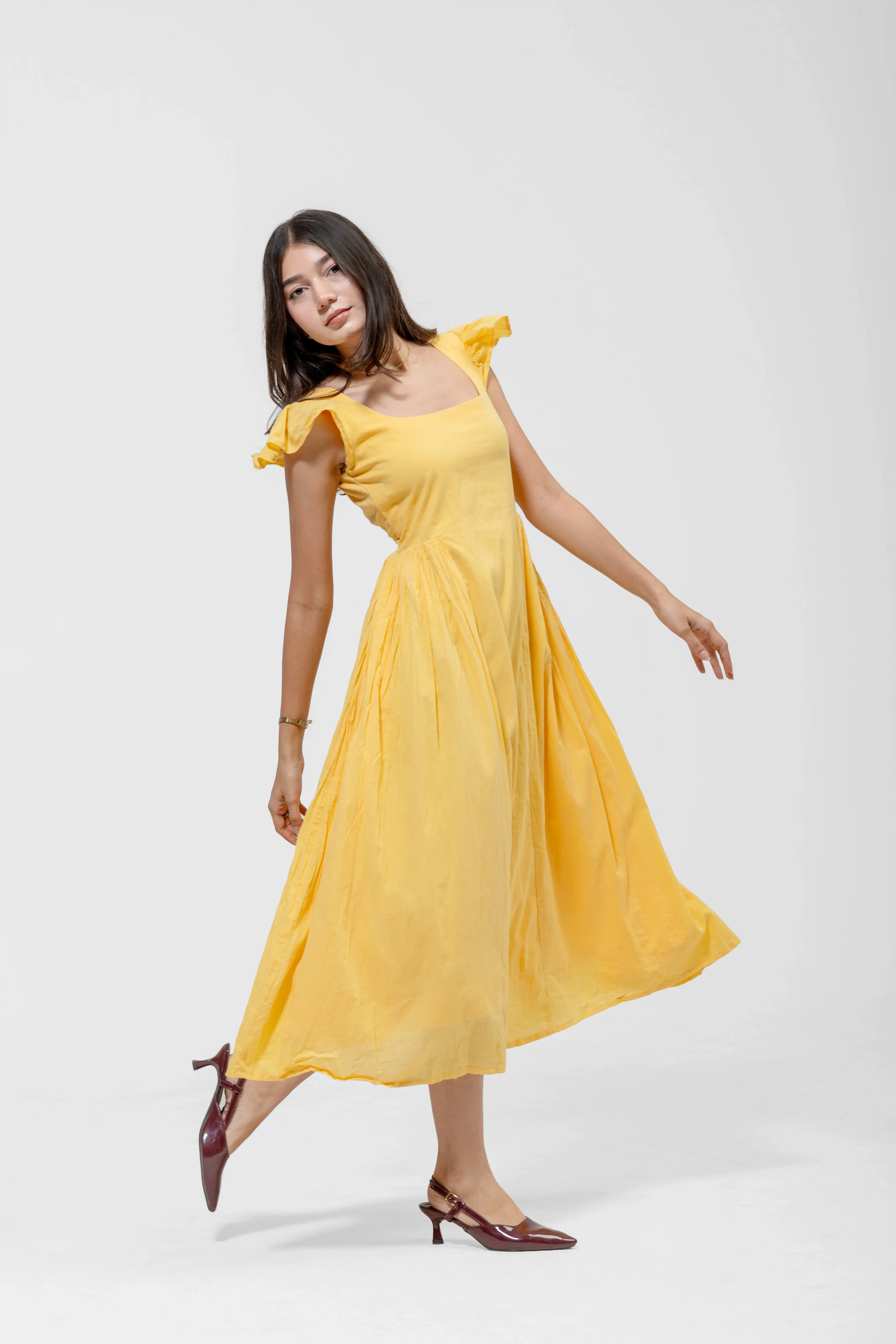 QISSEY RUFFLED SQUARE MIDI — view 2 — A-LINE MIDI DRESS WITH FLUTTER SLEEVES AND A GATHERED WAISTLINE FOR VOLUME.