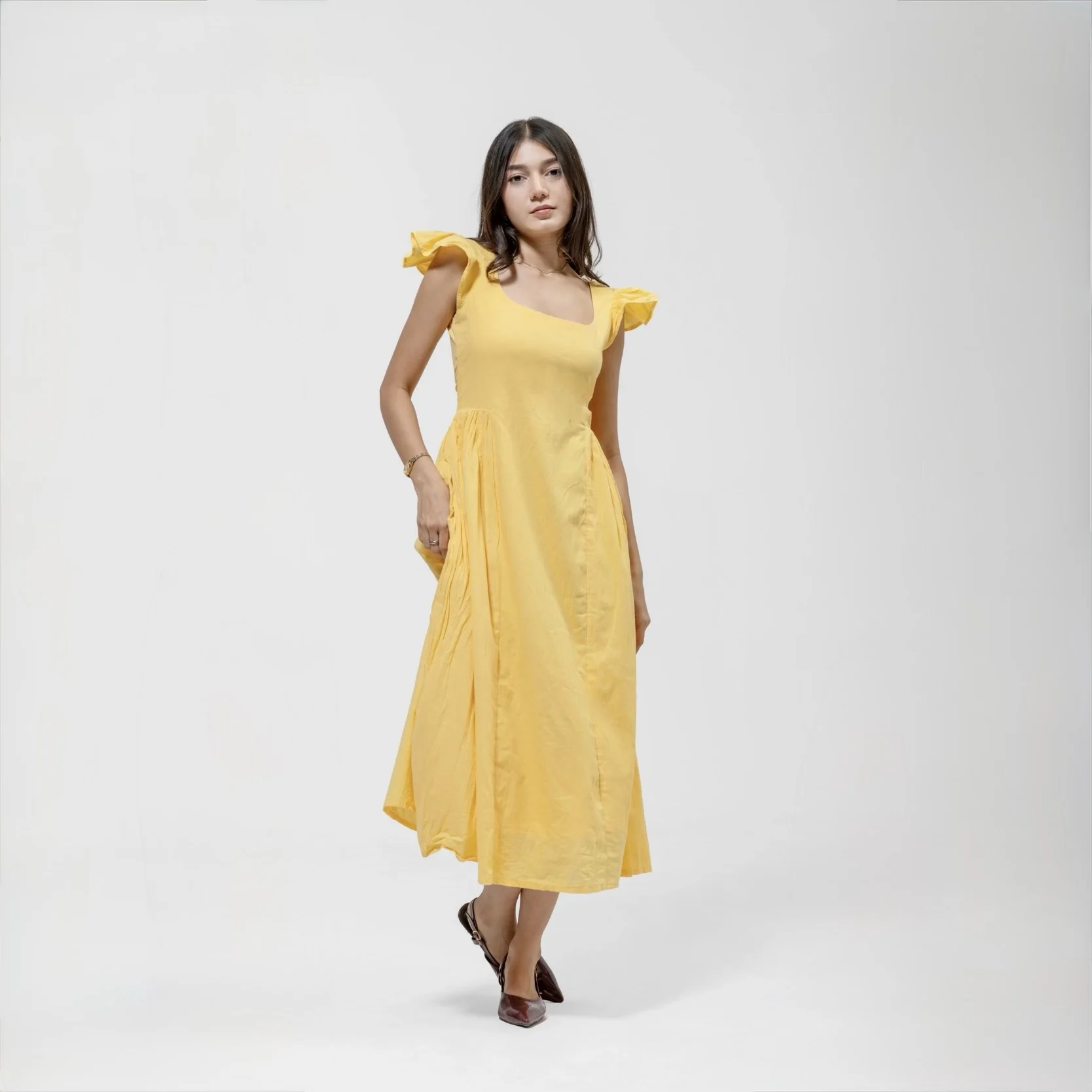QISSEY RUFFLED SQUARE MIDI — view 1 — A-LINE MIDI DRESS WITH FLUTTER SLEEVES AND A GATHERED WAISTLINE FOR VOLUME.