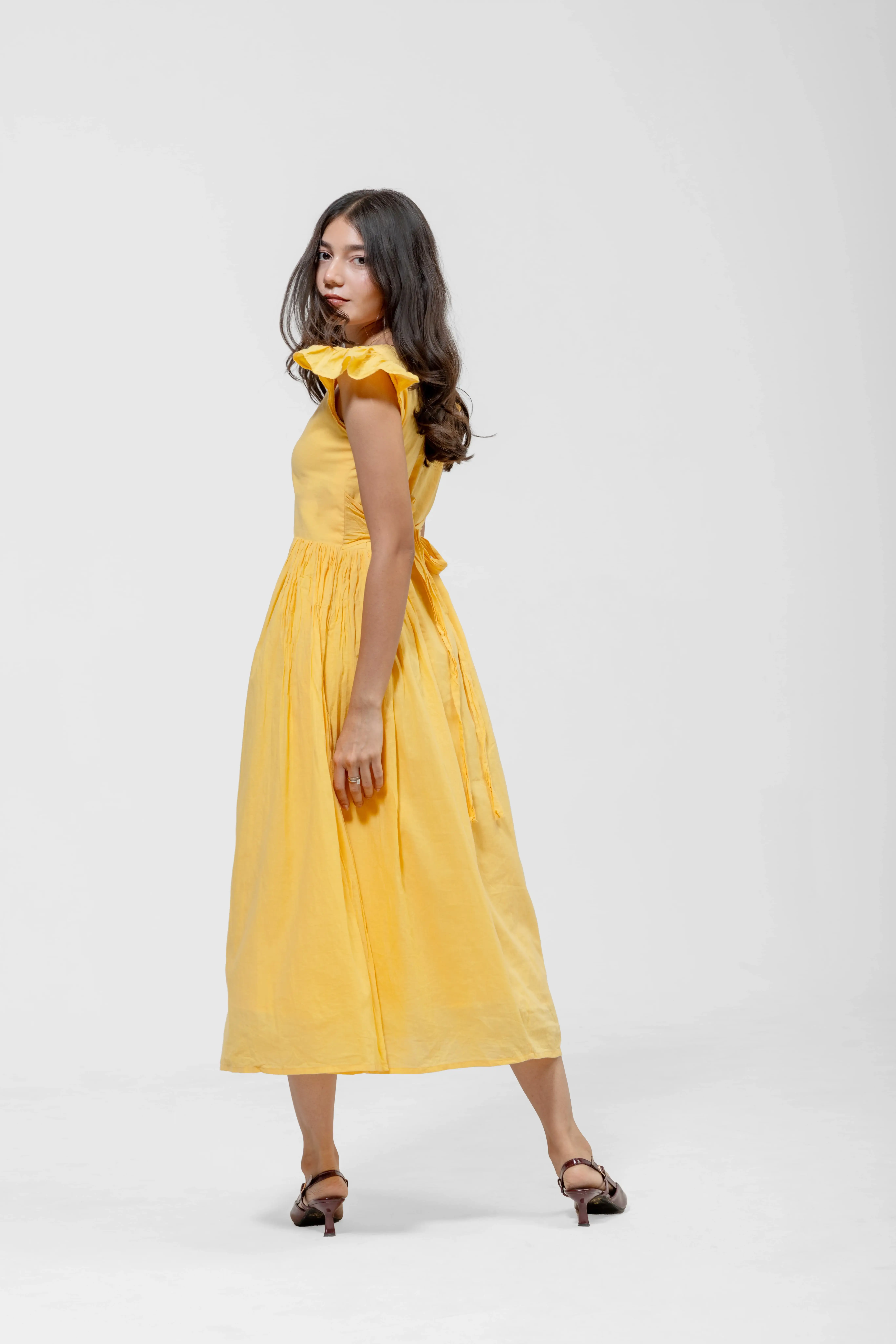 QISSEY RUFFLED SQUARE MIDI — view 3 — A-LINE MIDI DRESS WITH FLUTTER SLEEVES AND A GATHERED WAISTLINE FOR VOLUME.