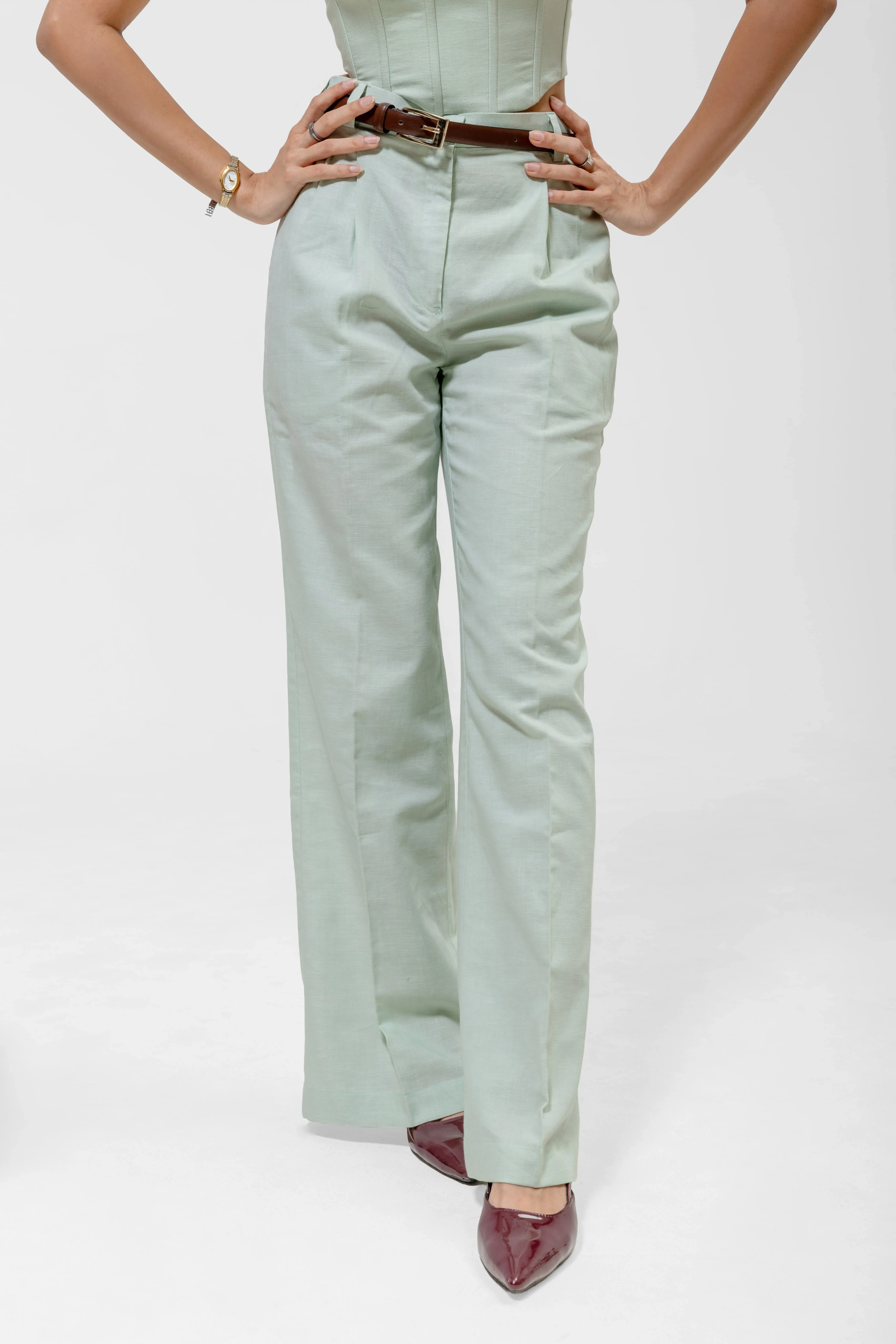 QISSEY MINT FORMAL PANTS — view 2 — HIGH-RISE WIDE-LEG TROUSERS THAT FALL TO A FULL LENGTH TO CREATE A CLEAN, ELONGATED LINE. FINISHED W