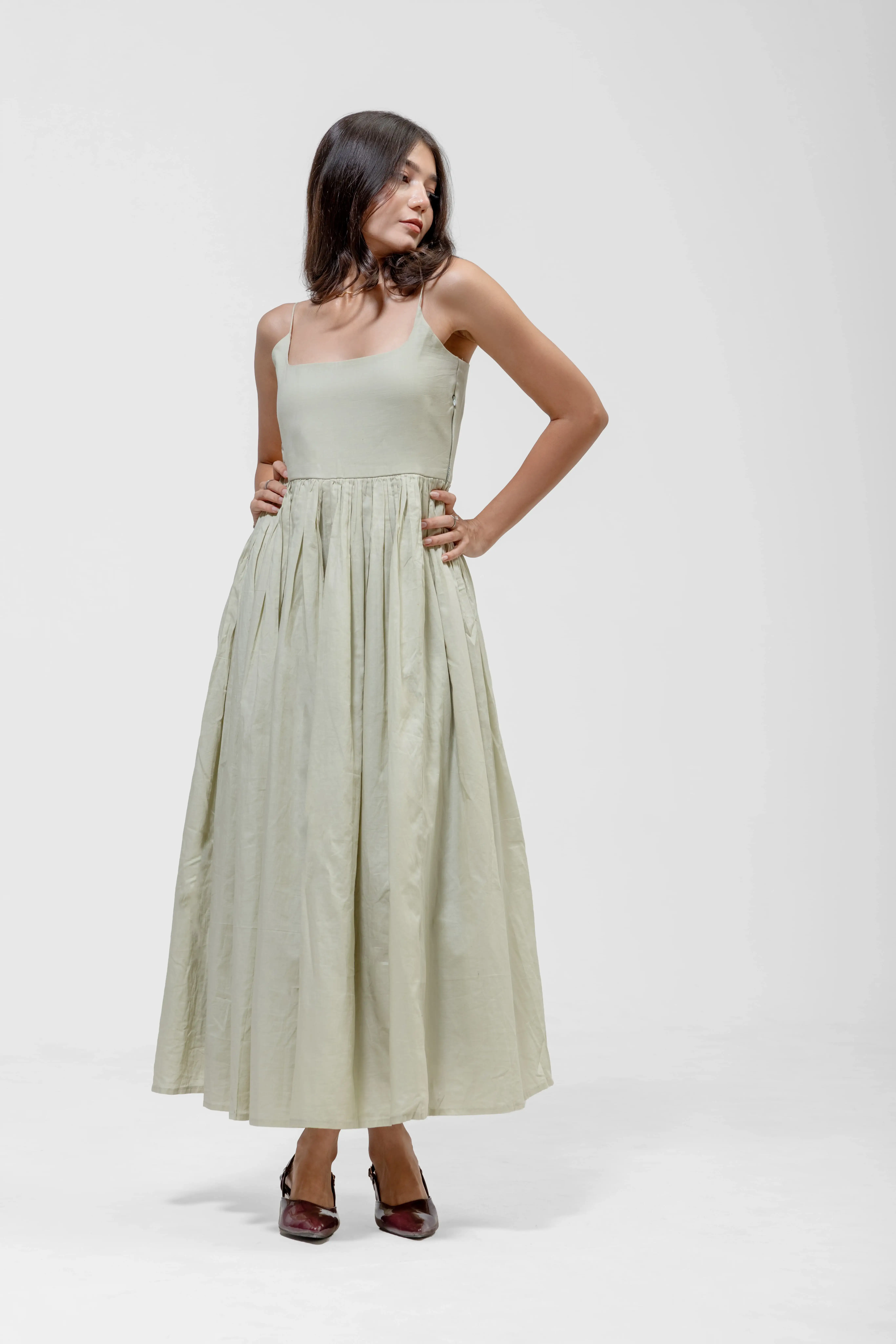 QISSEY PLEATED MAXI GOWN — view 4 — LONG CAMISOLE DRESS WITH A DEEP GATHERED WAIST AND THIN SPAGHETTI STRAPS.